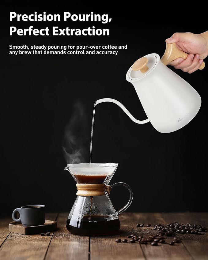 Harriet Gooseneck Electric Kettle 1200W Fast Heat, 0.8L Stainless Steel, Precision Temp Control & Timer, Wood Handle
