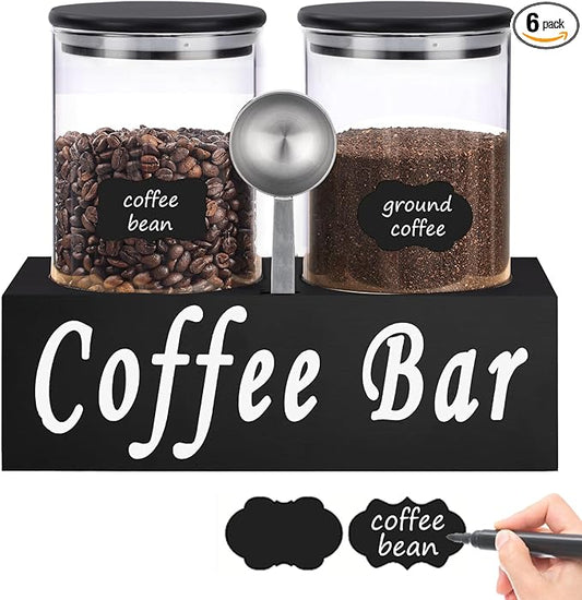 ZOMUIA Rustic Modern Black 2PCS Small 44oz Coffee Storage Jars with Shelf, 2Pcs 1.295L Airtight Glass Coffee Containers, Coffee Canisters, Food Storage Jars