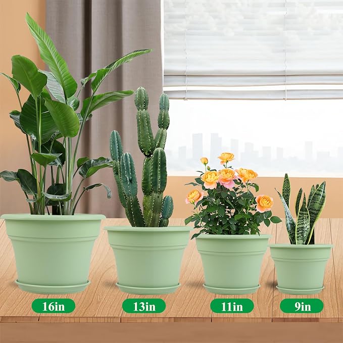 Pottiffe 16 inch Plastic-Flower-Pot-for-Indoor-Plants, 4 Pack Large Outdoor Planter Pot with Drainage Holes & Saucers, Resin Decorative Garden Pots Planters