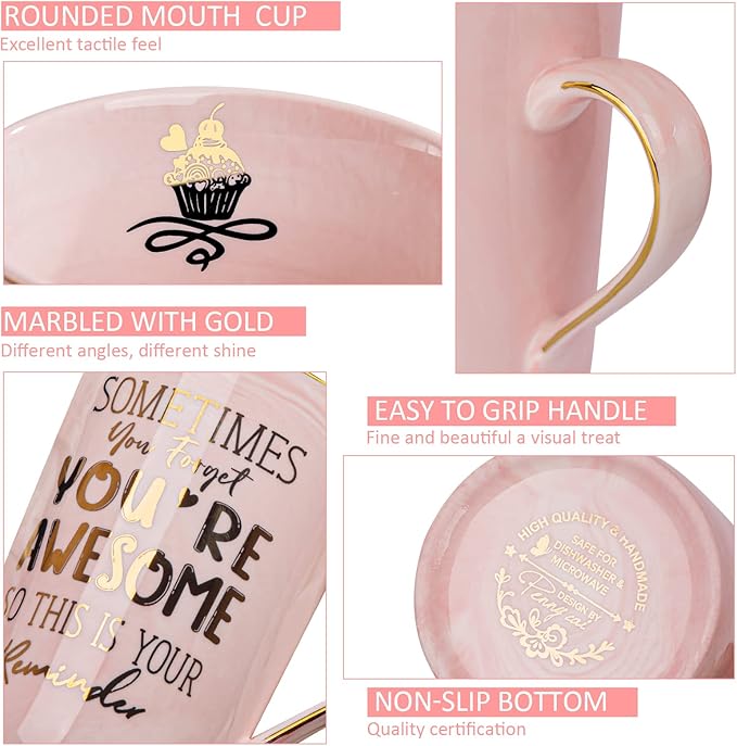 Birthday Thank You Gifts for Women, Sometimes You Forget You're Awesome Coffee Mug, Inspirational Christmas Gift for Her, Boss Lady Employee Coworker, 14oz Pink Marble Gold Print Cup, Nice Gift Boxed