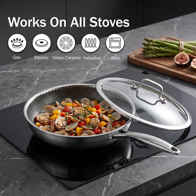 10 Inch Nonstick Stainless Steel Frying Pan Honeycomb with Lid | PFAS PFOA PTFE Free, Scratch-Proof & Metal Utensil Safe, All Cooktops Compatible, Oven & Dishwasher Safe Fajita Skillet
