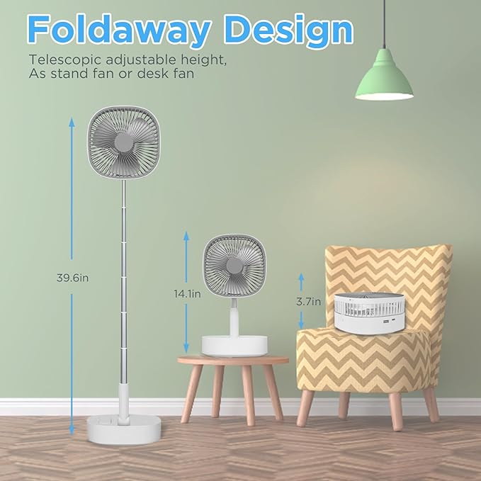 Magesh Portable Oscillating Pedestal Fan＆Remote, 120° Rotation, 3-In-1 Foldaway/Standing/Desk Fan, Anti-Slip 7200Mah Rechargeable, Telescopic 4 Speed Quiet Timer Fan Home Outdoor Travel (Gray)