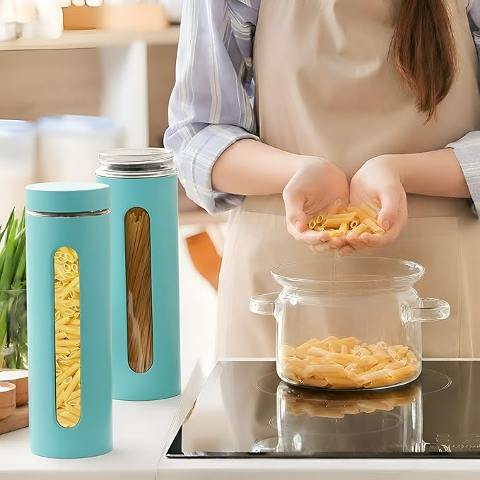 Patelai 6 Pack Kitchen Canisters Set Airtight Stainless Steel Canister Food Storage Container with Window Glass, Coffee Sugar Candy Jars Tea Organizer for Flour Cookies Spice(Turquoise,60 oz)