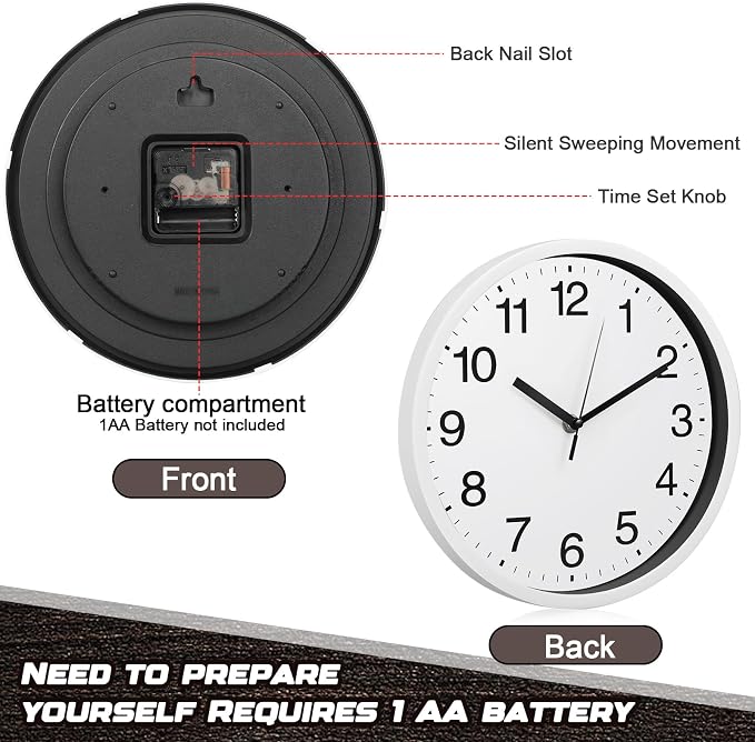 Inbagi 8 Pcs Wall Clock Large Silent Battery Operated Wall Clocks Modern Non Ticking Wall Clocks Bulk Decorative for Kitchen Office Living Room Home Bathroom Bedroom Classroom(White,12 Inch)