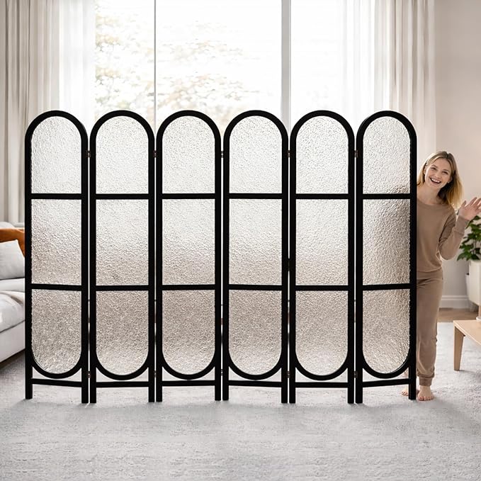 Acrylic Room Divider 6 Panel 67" Tall Arched Room Divider and Privacy Screen with Solid Paulownia Wood Frame, Freestanding Partition Divider for Room Separation, Home, Bedroom - Black