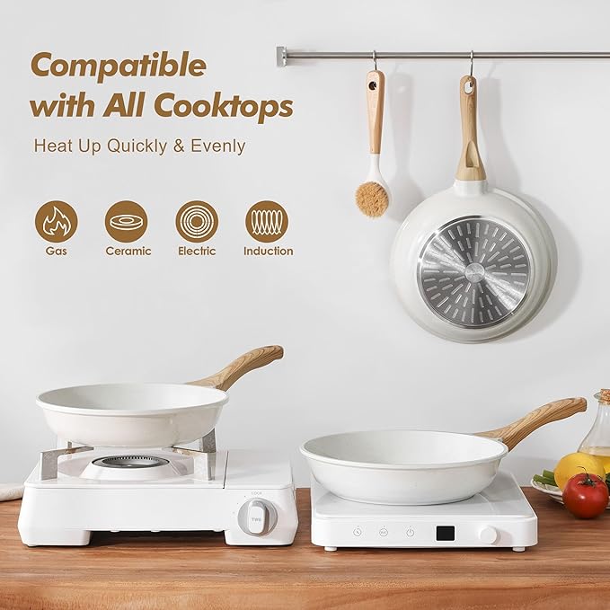 SENSARTE Ceramic Nonstick Frying Pan Skillets, White (9.5+11+12.5 Inch) | Healthy ceramic nontoxic coating, PTFE & PFAS free. Compatible with all stoves including induction cooktops. Easy to clean.