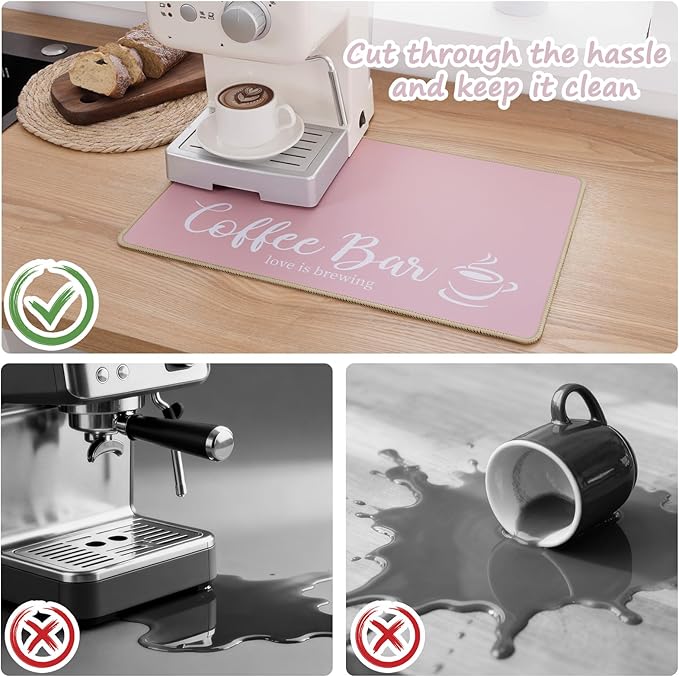 SHACOS Coffee Mat 2 Pack 12x19 Inch Absorbent Non Slip Rubber Bar Accessories Coffee Maker Mat for Countertop Dish Drying Mat Heat Resistant, Pink