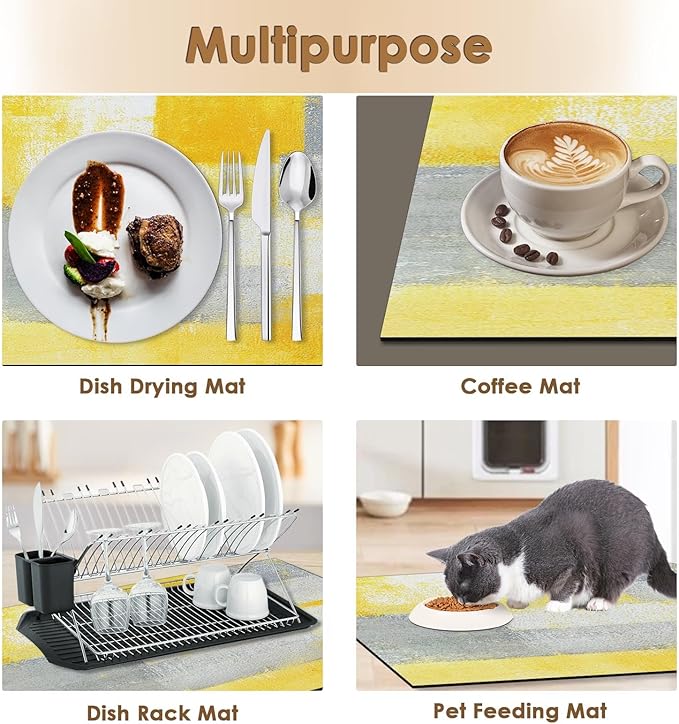 Arttown Coffee Mat for Countertops, Yellow White Grey Abstract Modern Dish Drying Mat 2 Pcs for Kitchen Bar Accessory, Fit Under Coffee Maker Espresso Machine Dish Rack Hide Stain 12x19in