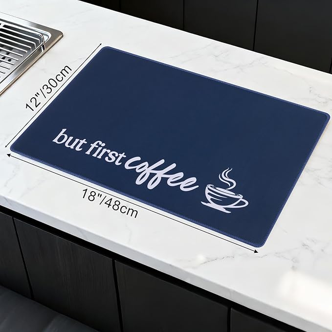 SHACOS Coffee Mat 2 Pack 12x19 Inch Absorbent Non Slip Rubber Bar Accessories Coffee Maker Mat for Countertop Dish Drying Mat Heat Resistant, Dark Blue