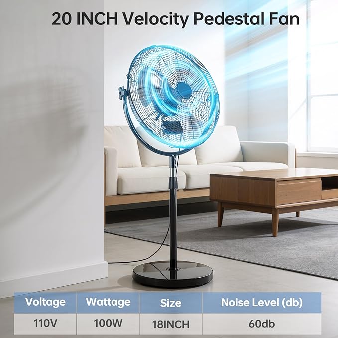 20 Inch High Velocity Pedestal Fan, Heavy Duty Industrial Standing Fan with 3-Speed & Adjustable Height (47.1"-55.1"), Metal Fan for Bedroom, Patio, Workshop & Indoor Air Circulation