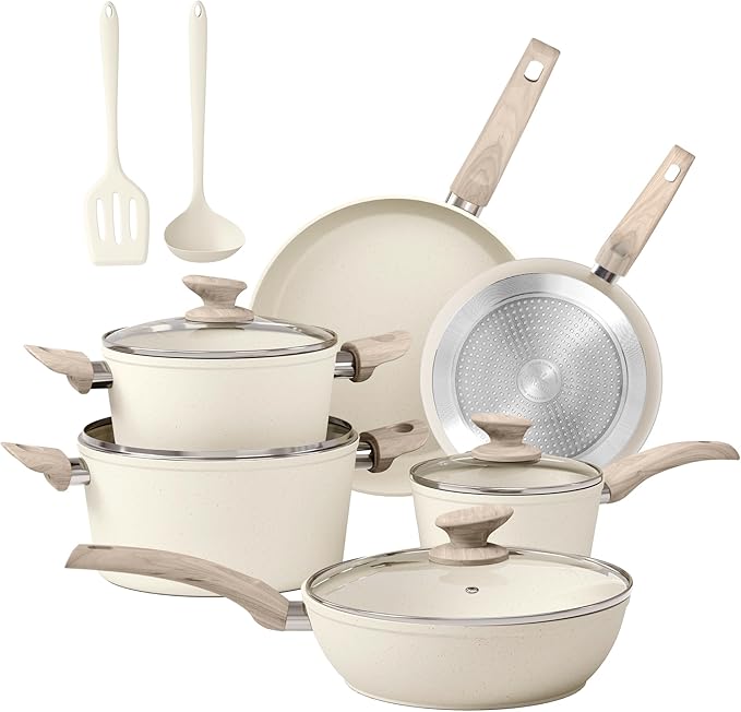 DisDelight Pots and Pans Set Non Stick, Granite Kitchen Cookware Sets for Cooking, Induction Frying Pan Set Nonstick, Cream White