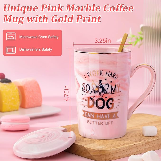 Dog Mom Gifts for Women - Unique Dog Lover Gift Presents for Birthday, Christmas, Valentine’s, or Mother’s Day - 14oz Pink Marble Ceramic Mug for Dog-Loving Friend, with Greeting Card, Nice Gift Boxed