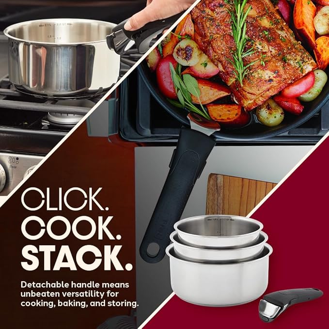 T-fal Ingenio Expertise Stainless Steel Cookware Set 4 Piece, Induction, Oven Safe, Stackable Cookware, Pots and Pans, RV, Camping, Frying Pans, Dishwasher Safe, Detachable/Removable Handle, Silver