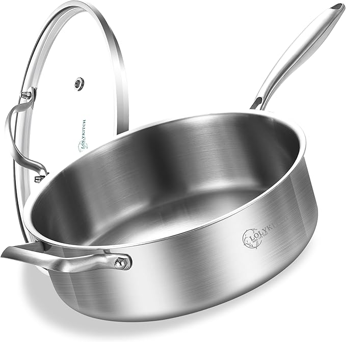 LOLYKITCH 5 QT Tri-Ply Stainless Steel Sauté Pan,12 Inch Deep Frying Pan with Lid,Large Skillet,Jumbo Cooker,Induction Cooking Pan,Dishwasher and Oven Safe.