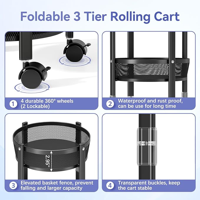TOOLF 3-Tier Foldable Rolling Cart, Collapsible Metal Utility Cart with Wheels, Assembly-Free, Round Storage Organizer Trolley for Kitchen, Bathroom, Dorm, Nursery, Black