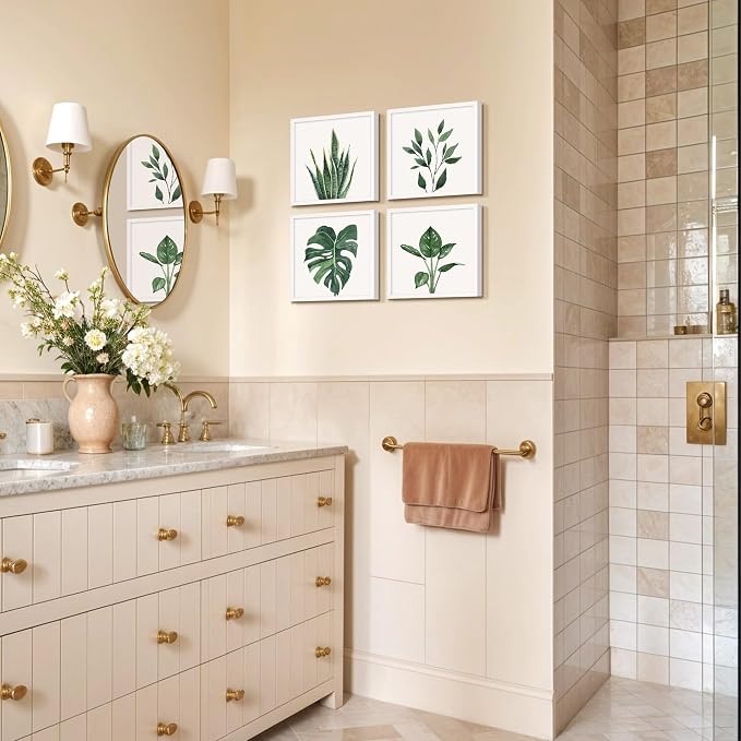 ArtbyHannah Framed Bathroom Wall Art Decor, 10x10 Inch 4 Pack Botanical Gallery Wall Frame Set Modern Farmhouse Sage Green Prints Artwork for Spa, Restroom, Bedroom, Office Decoration (White)