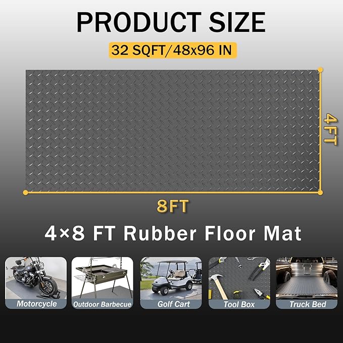 StellarStar 4x8 FT Garage Floor Mat, 2.8mm Thickened PVC Diamond Plate Garage Mat with 20PCS Tapes, Rubber Flooring Rolls for Under Car, Non-Slip Rubber Motorcycle Mat for Golf Cart, Trailer, Gray