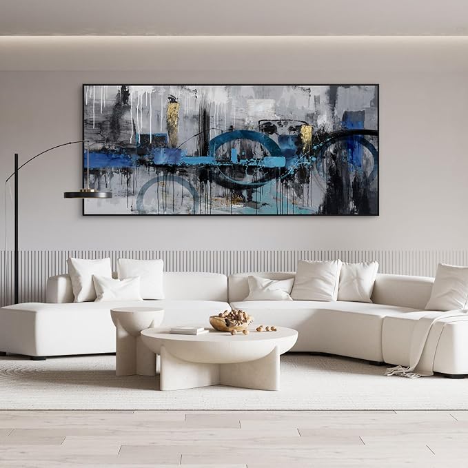 Abstract Wall Art for Living Room Bedroom Above the Sofa Picture Artwork | Extra-Large Size 70x31 Inches Made of Canvas with a Black Frame This Blue-Gray-Gold Piece Offers Minimalist Luxury Wall Decor