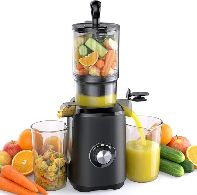 Slow Masticating Juicer Machines, Cold Press Juicer with Safety Lock & Reverse Function, 4.25" Feed Chute for Whole Fruits & Vegetables, High Juice Yield, Black