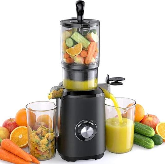 Slow Masticating Juicer Machines, Cold Press Juicer with Safety Lock & Reverse Function, 4.25" Feed Chute for Whole Fruits & Vegetables, High Juice Yield, Black