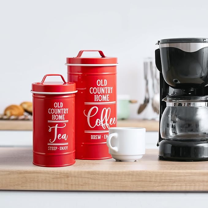 DAYYET Red Canisters for Kitchen Counter, Airtight Kitchen Canisters for Countertop, Flour and Sugar Containers, Tea Coffee Sugar Canister Set, Red Kitchen Decor and Accessories, Set of 4