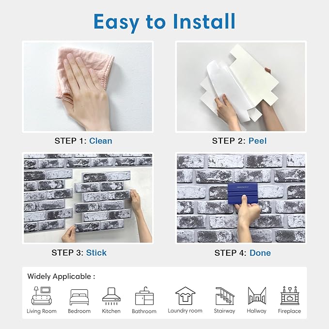 COMSTICKC 3D Faux Brick Wall Panels Peel and Stick Wall Stickers, 10 Pcs of 12"X12", Small Size Thin PVC Brick Self Adhesive Fake Brick Backsplash Kitchen, Whitewash Black
