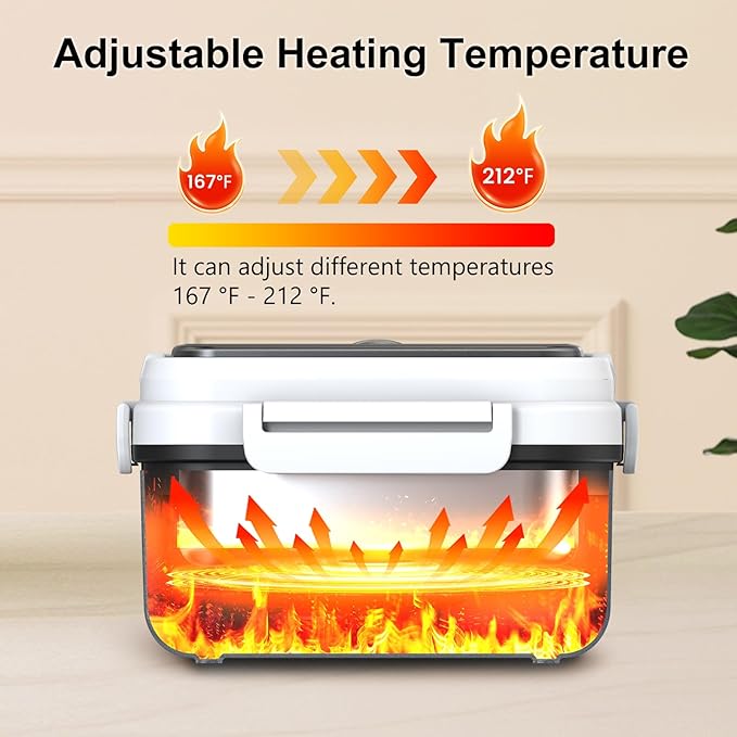 Cordless Electric Heated Lunch Box, XL 6.3Cups Rechargeable Food Warmer Lunch Box with Self Heating, Smart Timer, Adjustable Temperature, Leakproof, BPA Free, Removable Divider Dark Black