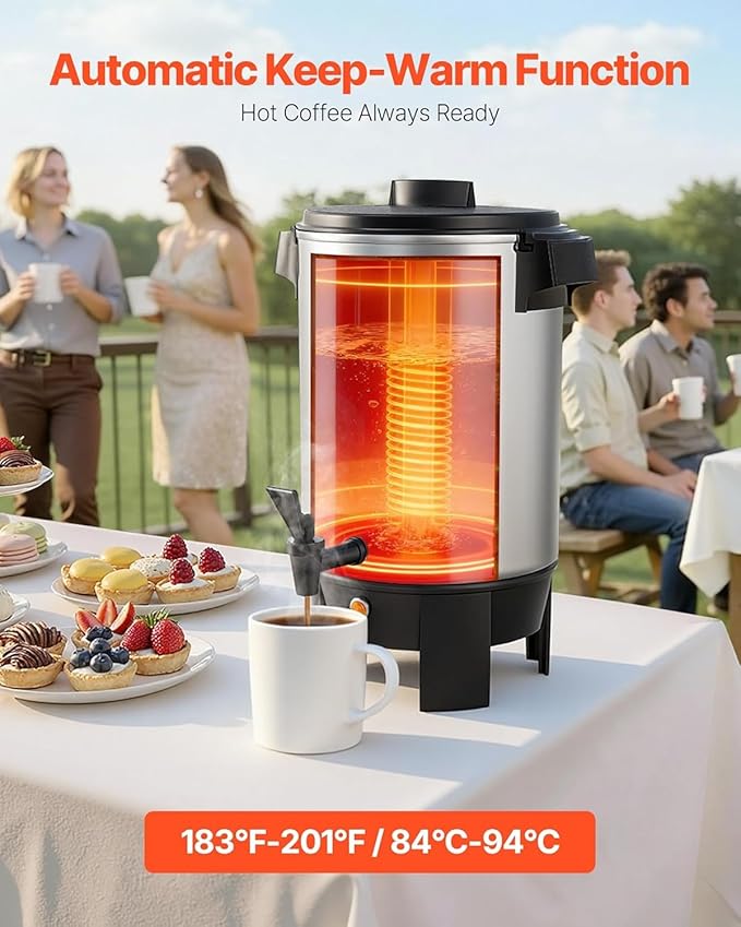 VEVOR Commercial Coffee Urn, 30 Cup 4.5 L Hot Beverage Dispenser with Dripless Faucet, Quick-Brewing Commercial Coffee Maker, Automatic Temperature Control, for Catering, Party, Church & Restaurant