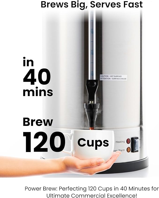 SYBO SR-CP Commercial Grade Stainless Steel Percolate Coffee Maker Hot Water Urn for Catering, 120-Cup 18 L, Metallic