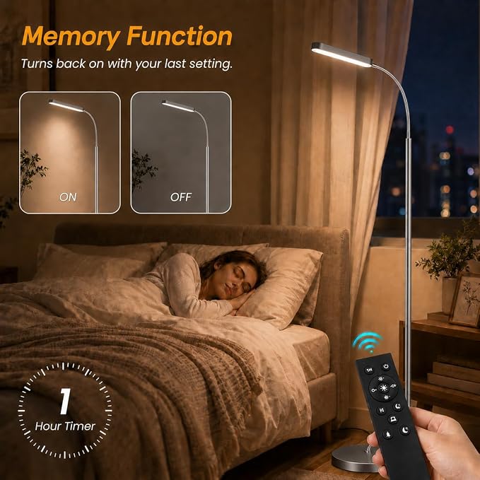 Wio-Mio 15w/1000lm Bright LED Floor Lamp with Stepless Adjustable 3000K-6000K Colors and Dimmer, Remote and Touch Control Reading Lamp, Adjustable Floor Lamp for Living Room