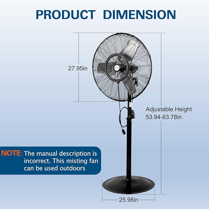 BILT HARD 24" Outdoor Pedestal Oscillating Misting Fan, 3-Speed High-Velocity Patio Misting Fans for Outside, Waterproof Tilting Fan with Mists for Outdoor Cooling, UL Listed