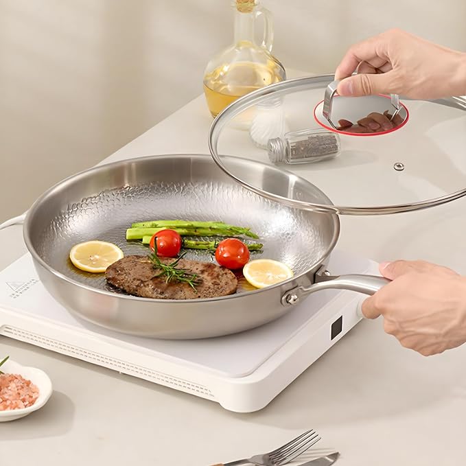 Titanium Hammered Pan with Lid, Titanium Frying Pa, No Coating Non-Stick Steak and Egg Pan Scratch-Resistant Titaniums Cookware for Cooking Compatible with All Cooktops,12.6 x 2.55 in