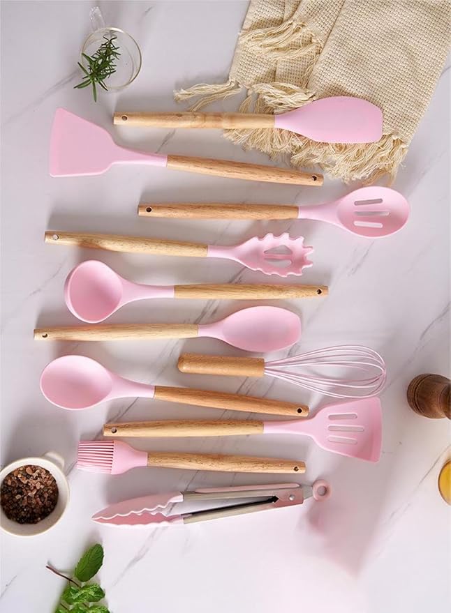 Kitchen Cooking Utensils and Knife Set with Holder Block, 19 Pieces Cooks Cutting Set 11 Pcs Silicone Cooking Utensils Sharp Stainless Steel Knives Scissors Whisk Tongs and Cutting Board (Pink)