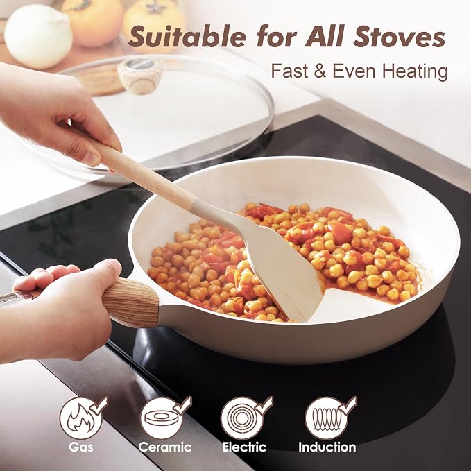 SENSARTE 11inch Ceramic Nonstick Frying Pan Skillet with Lid, Taupe | Non Stick Omelet Pans, Non-toxic Healthy Kitchen Cooking Chefs Pan, PFOA/PFAS/PTFE Free, Induction Compatible