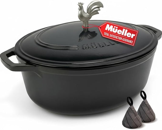 MUELLER HOME 5.5 Quart Enameled Cast Iron Oval Dutch Oven with Rooster Knob & Cotton Potholders, Heavy-Duty Cookware, Oven-Safe up to 500° F & Across All Cooktops, Gifts for Grandma & Women, Black | Rooster Knob, Cotton Potholders Included, Oven-Safe u...