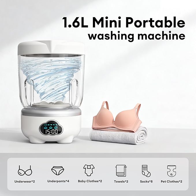 Mini Washing Machine 2025 Portable, 1.6L Compact Washer with 3000mAh Rechargeable Battery – Cordless Portable Small Washing Machine for Underwear, Baby Clothes, Socks,Ideal for Travel,Dorm,RV,Camping