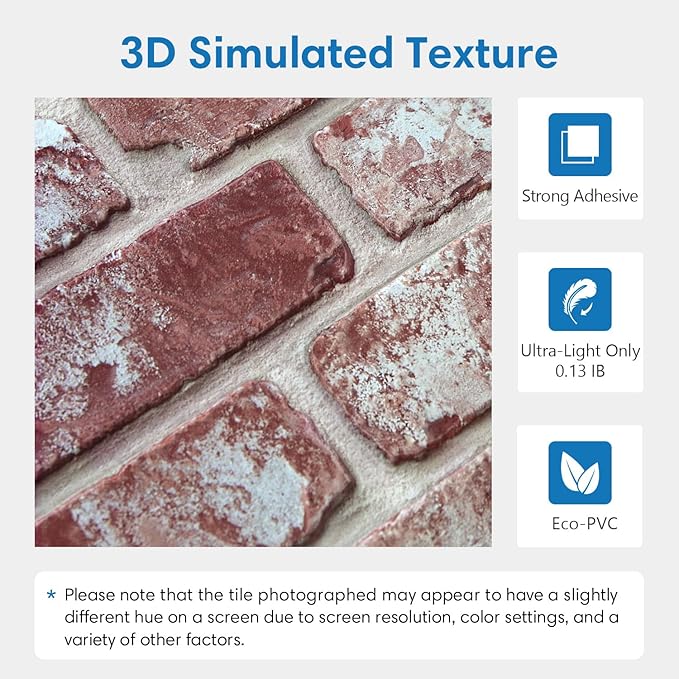 COMSTICKC 3D Faux Brick Wall Panels Peel and Stick Wall Covering,10 Pcs of 12"X12", Not Real Brick, Small Size,Thin PVC 3D Fake Brick for Interior Decor, Whitewash Red