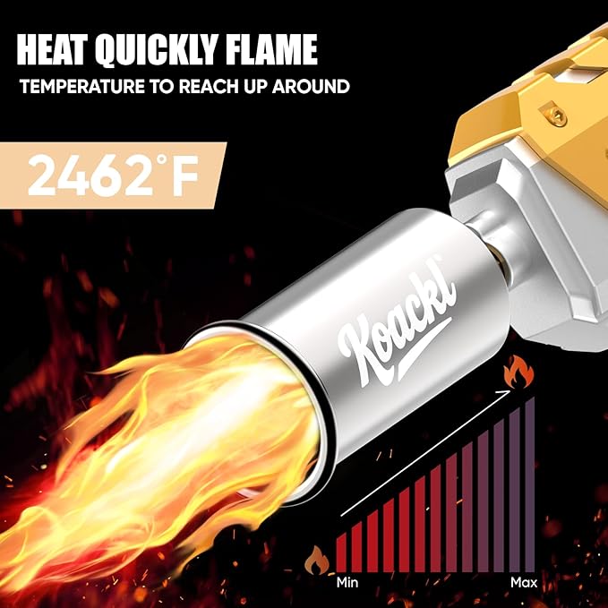 Koackl Powerful Propane Torch, Blow Torch with Adjustable Flame, Flamethrower Kitchen Torch Burner Gas Welding Kits for Grill, BBQ, Searing Steak, Camping & Charcoal Torch Lighter Golden