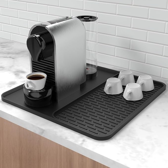 Silicone Coffee Mat,16''x16'' Coffee Bar Mat with Detachable Dish Drying Mat for Kitchen Countertops,Coffee Bar Accessories Fit Under Coffee Maker Coffee Machine Coffee Pot Espresso Machine Dish Rack