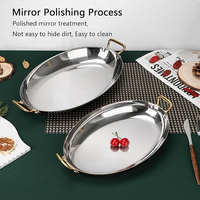 11.8 Inch Oval Spanish Paella Pan - Stainless Steel Seafood Lobster Plate Non Stick Uncoated with Dual Handle, Paella Cookware for Homes or Restaurants,Silver(Rose Gold)