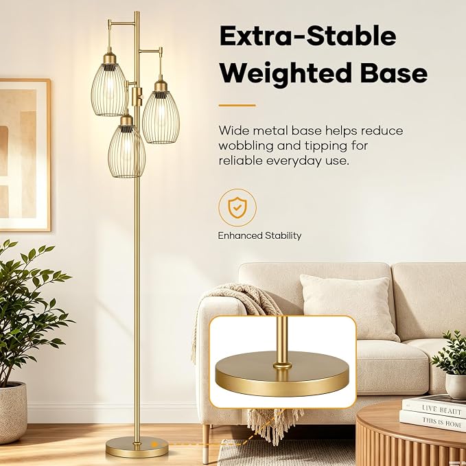 Dimmable Floor Lamp, 3 x 800LM LED Edison Bulbs Included, Farmhouse Industrial Floor Lamp Standing Tree Lamp with Elegant Teardrop Cage Head Tall Lamp for Living Room Bedroom Office Dining Room - Gold
