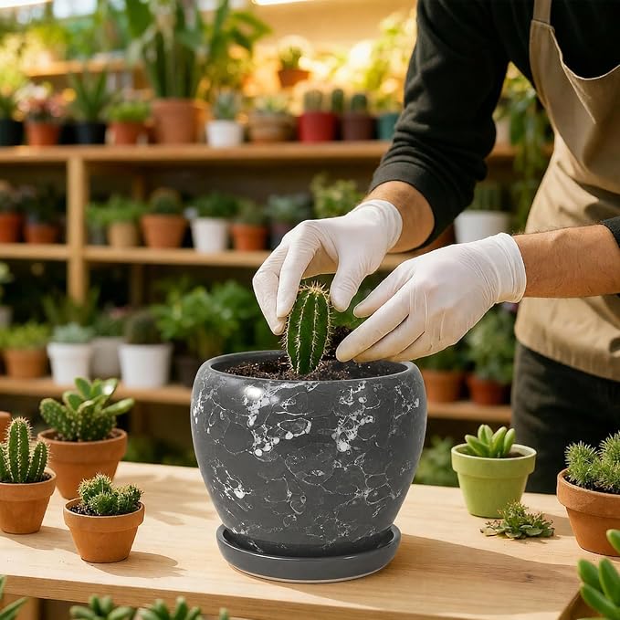 Deep Dream 6 Inch Plant Pots- Ceramic Planter Pot with Drainage Hole and Saucer, Round Flower Pot for Indoor Outdoor Succulent, Snake Plants and Cactus, Gemstone Gray