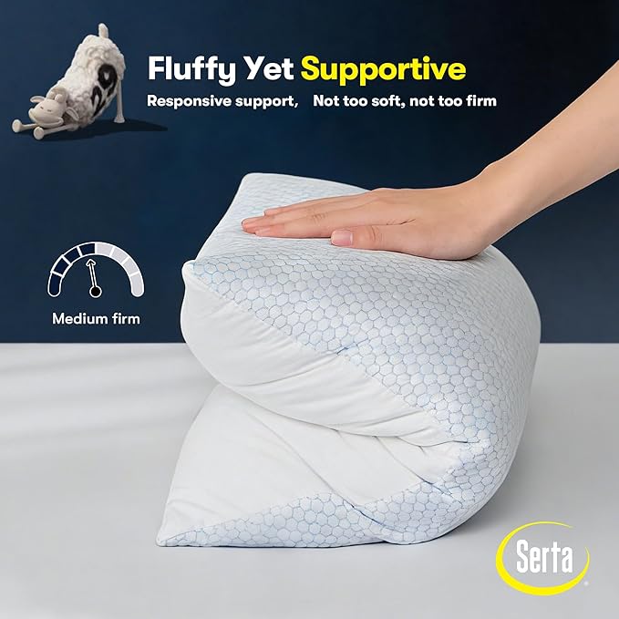 Serta Cooling Down Alternative Bed Pillows Queen Size Set of 2, Reversible Cooling & Cotton Fabric, Medium Firm, Breathable Support for Hot, Side, Back & Stomach Sleepers, 20" x 28"