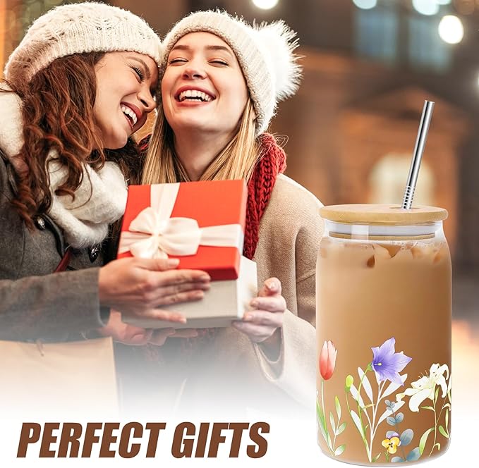 Mothers Day Mom Gifts from Daughter Son, Funny Birthday Gifts for Women Her Wife from Husband, Retirement Anniversary Mothers Day Presents for Mama Stepmom Mother In Law, Flower Glass Coffee Cup 16OZ
