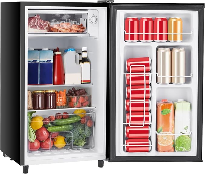 Sweetcrispy 3.2 Cu.Ft Mini Fridge with Freezer, 2 Door Small Refrigerator with Adjustable Thermostat Energy-efficient Low Noise, Compact Fridge for Bedroom, Office, Dorm, Black