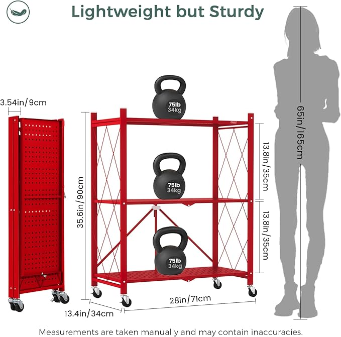 DEANIC 3 Tier Foldable Storage Shelves with Wheels, Kitchen Appliance Stand, Freestanding Metal Wire Shelf Rack, No Assembly Organizer Rolling Cart for Garage, Basement, Pantry(Red Pack of 2)