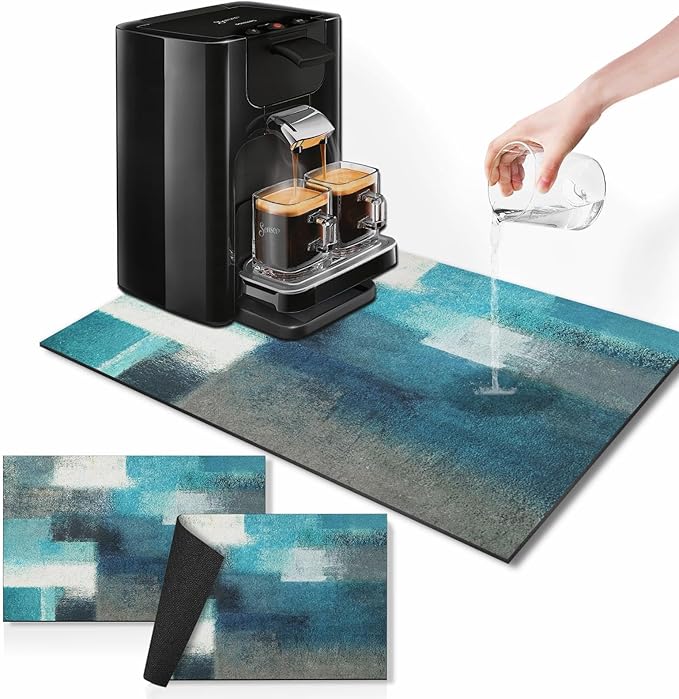 Arttown Coffee Mat for Countertops, Teal White Grey Abstract Modern Dish Drying Mat 2 Pcs for Kitchen Bar Accessory, Fit Under Coffee Maker Espresso Machine Dish Rack Hide Stain Rubber 12x19in