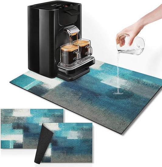 Arttown Coffee Mat for Countertops, Teal White Grey Abstract Modern Dish Drying Mat 2 Pcs for Kitchen Bar Accessory, Fit Under Coffee Maker Espresso Machine Dish Rack Hide Stain Rubber 12x19in