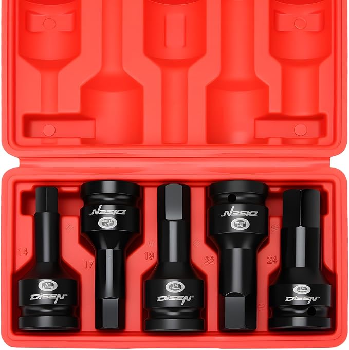 DISEN 3/4 Inch Drive Impact Hex Driver Set, 5-Piece, Metric, 14mm, 17mm, 19mm, 22mm, 24mm, CR-MO Steel, Professional Mechanic Repair 3/4” Hex Socket Set