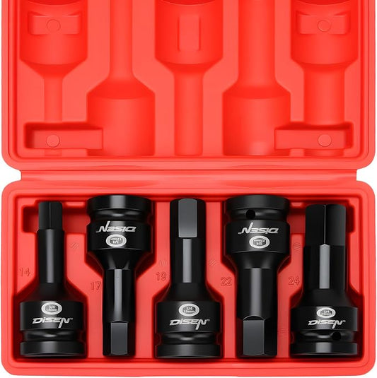 DISEN 3/4 Inch Drive Impact Hex Driver Set, 5-Piece, Metric, 14mm, 17mm, 19mm, 22mm, 24mm, CR-MO Steel, Professional Mechanic Repair 3/4” Hex Socket Set